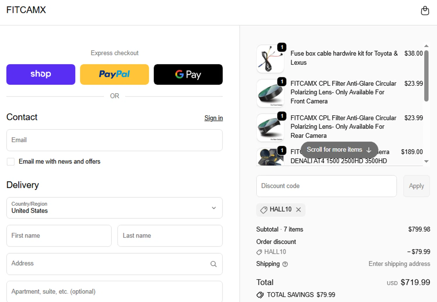 FITCAMX promo code screenshot showing code Hall10 applied at FITCAMX checkout page. Uploaded by SimplyCodes community member SwiftShopper8601 on Dec 21, 2025