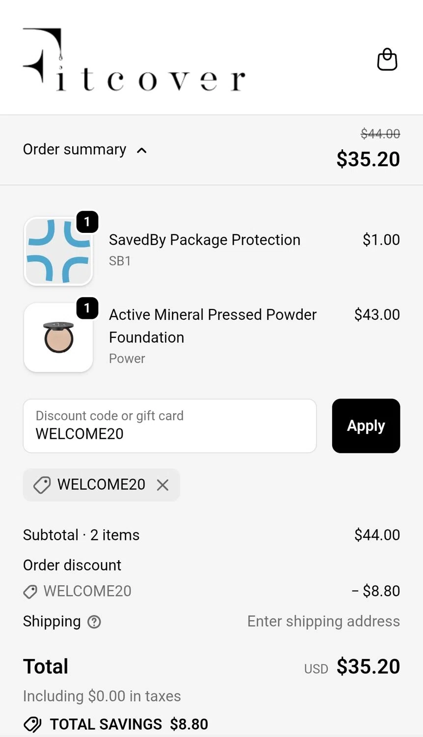 Fitcover promo code screenshot showing code WELCOME20 applied at Fitcover checkout page. Uploaded by SimplyCodes community member JuanMonge on Oct 10, 2025