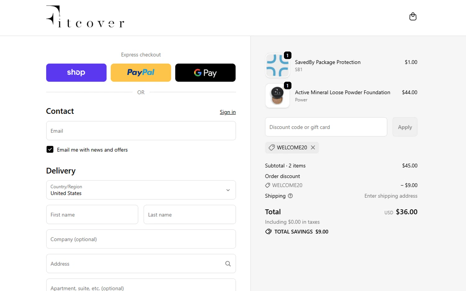 Fitcover promo code screenshot showing code WELCOME20 applied at Fitcover checkout page. Uploaded by SimplyCodes community member ThriftyShopper3669 on Oct 3, 2025