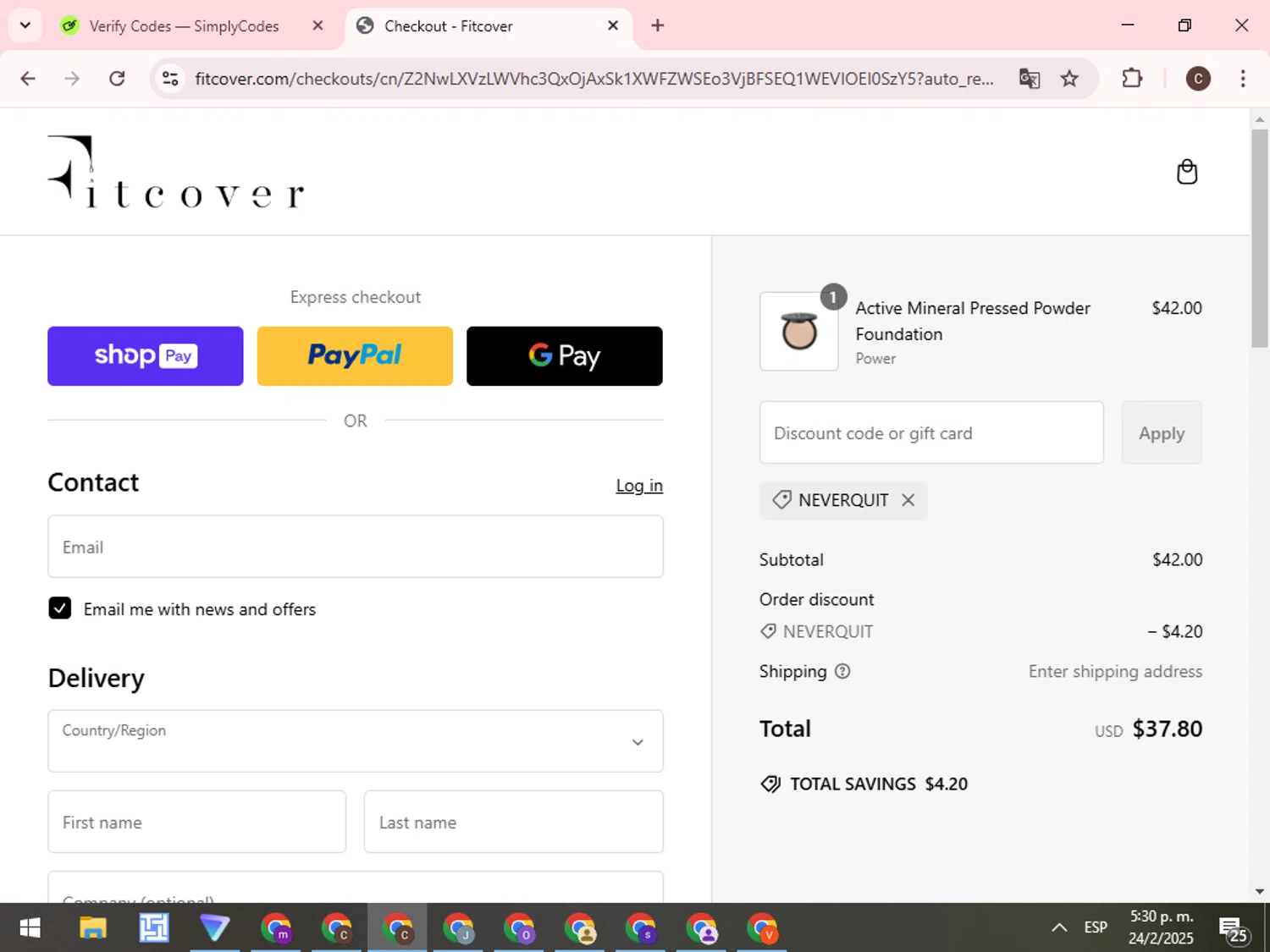 Fitcover promo code screenshot showing code NEVERQUIT applied at Fitcover checkout page. Uploaded by SimplyCodes community member WonderCurator7831 on Feb 24, 2025