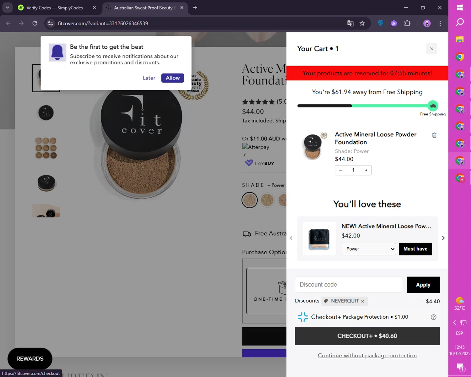 Fitcover promo code screenshot showing code NEVERQUIT applied at Fitcover checkout page. Uploaded by SimplyCodes community member SmartLion1183 on Dec 10, 2025