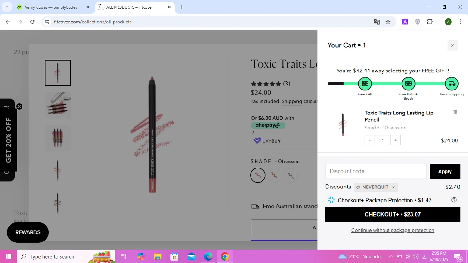 Fitcover promo code screenshot showing code NEVERQUIT applied at Fitcover checkout page. Uploaded by SimplyCodes community member Corleone on Jun 18, 2025