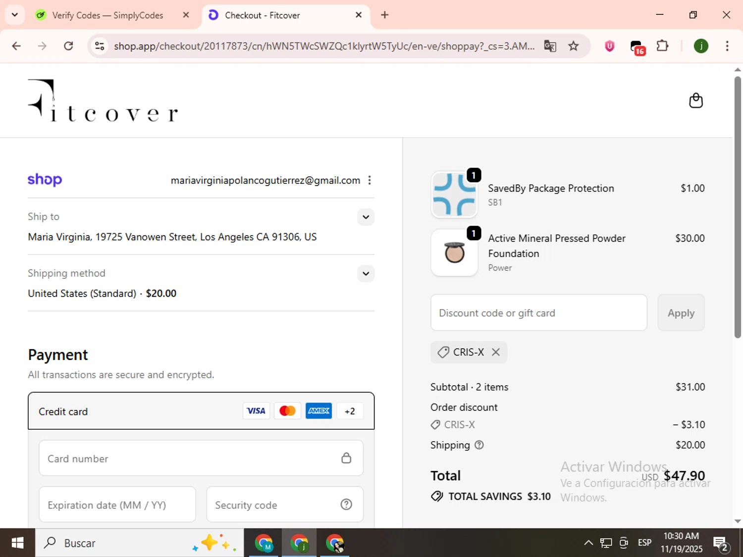 Fitcover promo code screenshot showing code CRIS-X applied at Fitcover checkout page. Uploaded by SimplyCodes community member SavingsCollector2592 on Nov 19, 2025