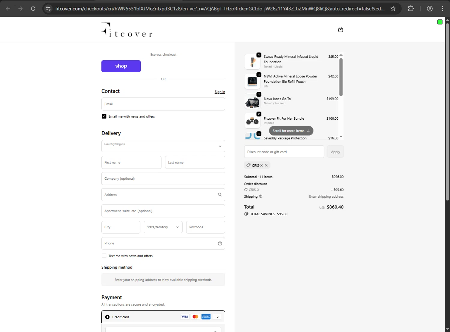 Fitcover promo code screenshot showing code CRIS-X applied at Fitcover checkout page. Uploaded by SimplyCodes community member ShrewdDefender8496 on Nov 9, 2025