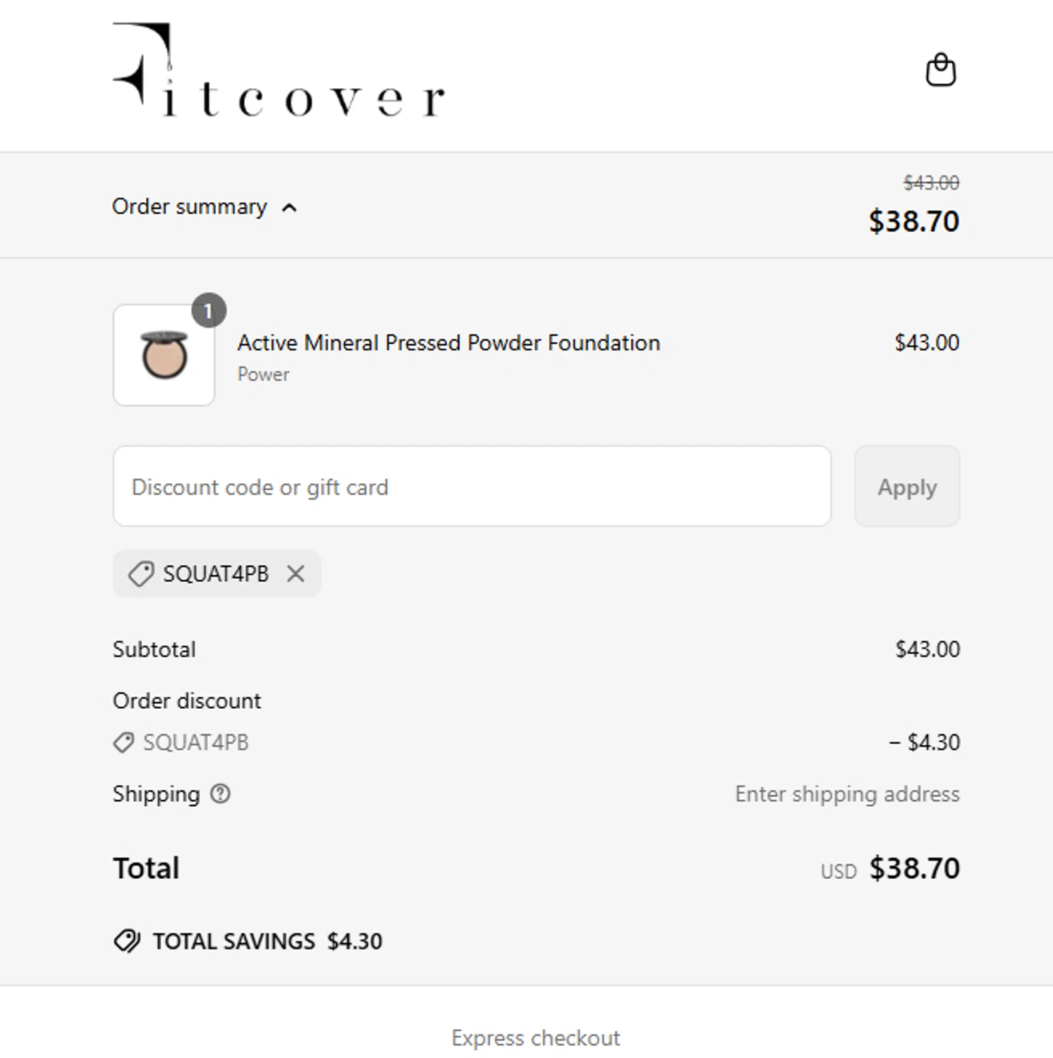 Fitcover promo code screenshot showing code SQUAT4PB applied at Fitcover checkout page. Uploaded by SimplyCodes community member Gaby04 on May 26, 2025