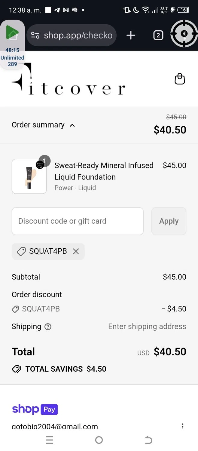 Fitcover promo code screenshot showing code SQUAT4PB applied at Fitcover checkout page. Uploaded by SimplyCodes community member ScanWizard9437 on Jul 14, 2025