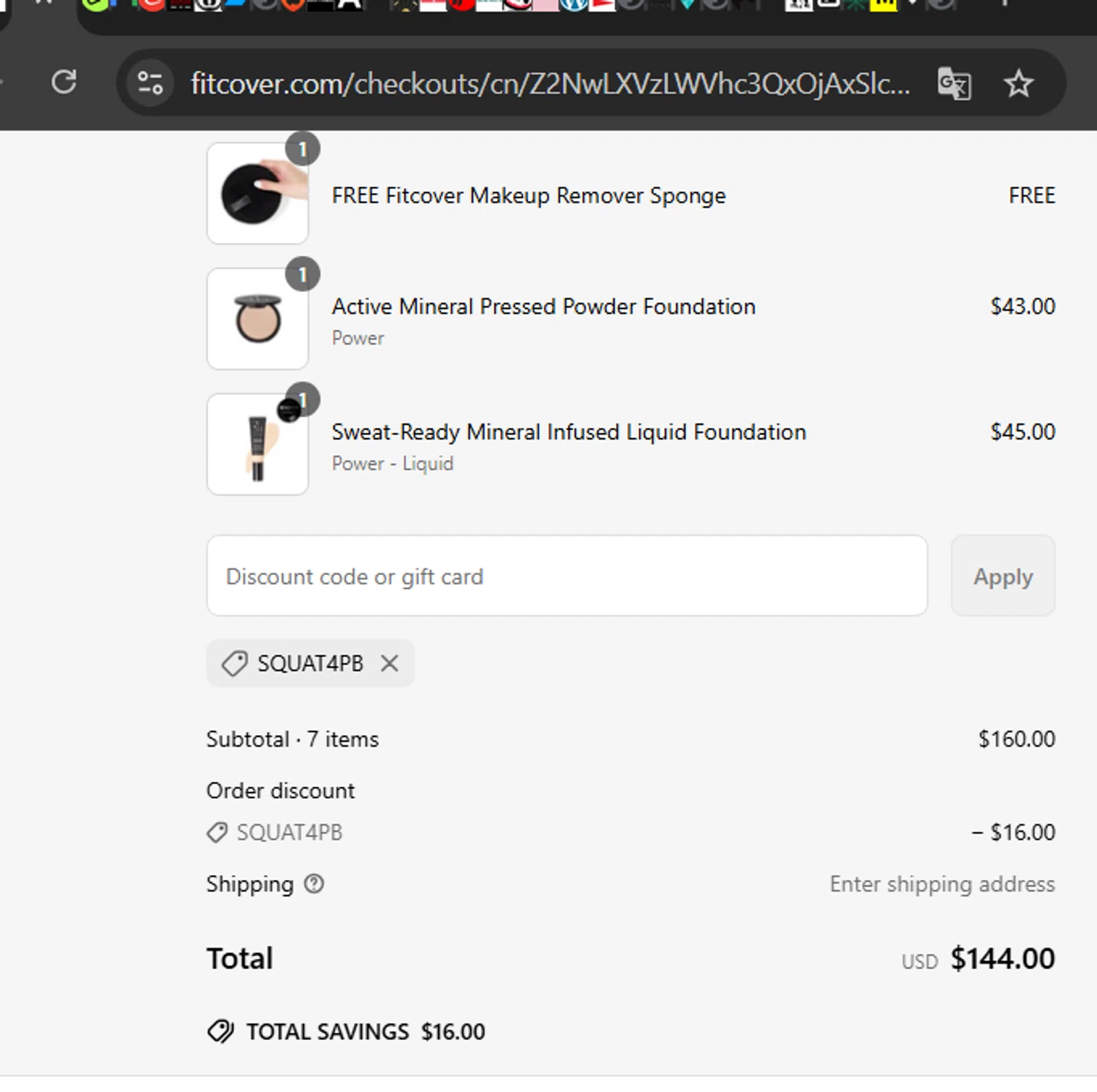 Fitcover promo code screenshot showing code SQUAT4PB applied at Fitcover checkout page. Uploaded by SimplyCodes community member TheYeffry on May 26, 2025