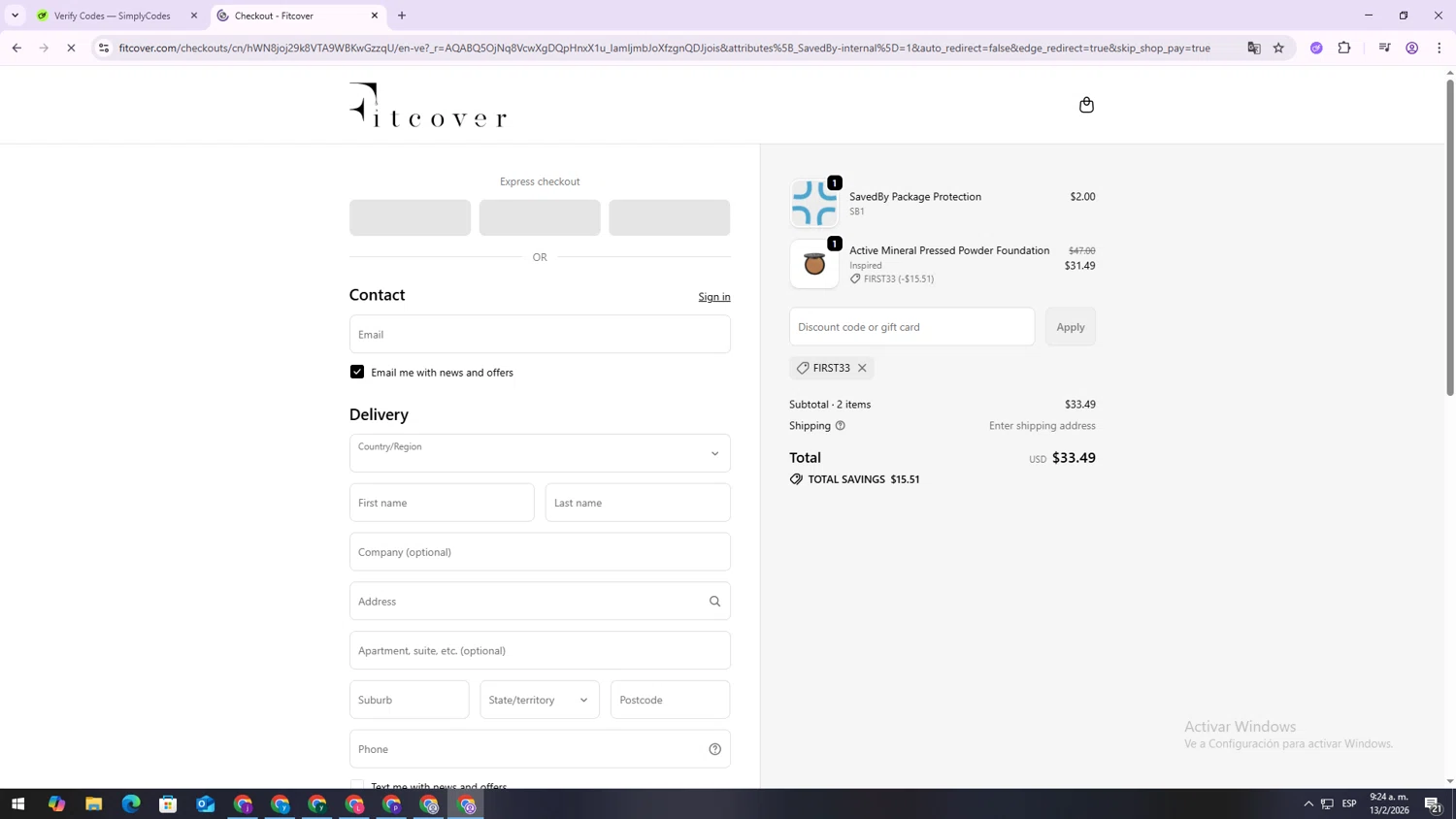 Fitcover checkout page showing Fitcover promo code box | Screenshot taken by SimplyCodes community member on Feb 13, 2026