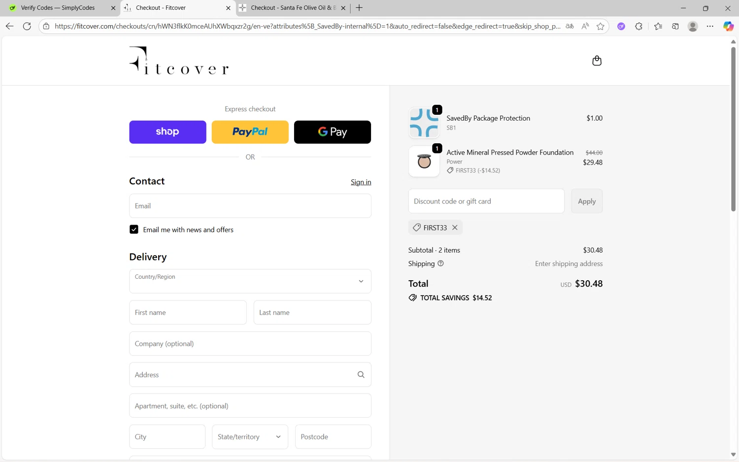 Fitcover promo code screenshot showing code FIRST33 applied at Fitcover checkout page. Uploaded by SimplyCodes community member Yuyu12 on Oct 3, 2025
