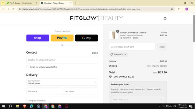 Fitglow Beauty checkout page showing Fitglow Beauty discount code box | Screenshot taken by SimplyCodes community member on Sep 15, 2025
