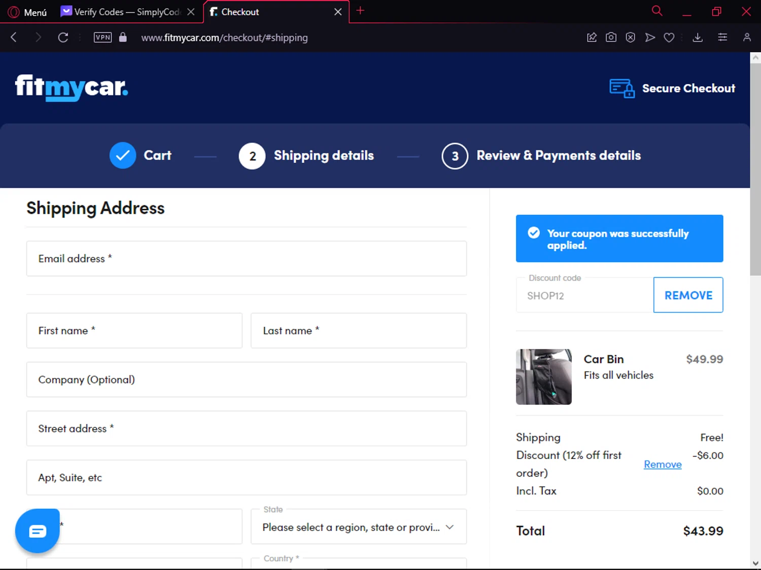 where to use Fitmycar promo code box