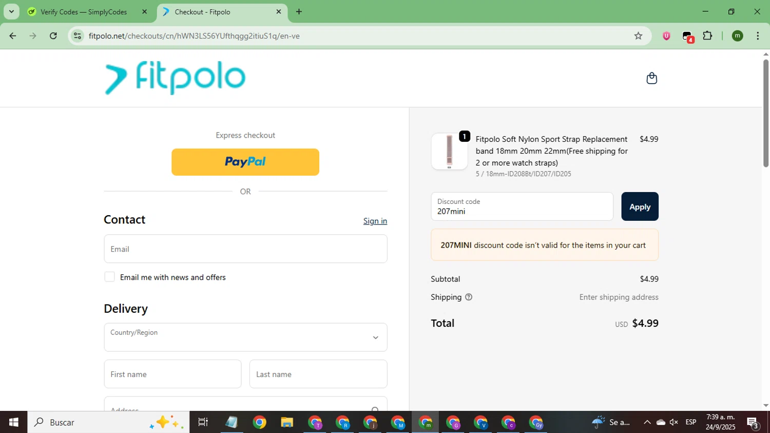 Fitpolo promo code screenshot showing code 207mini applied at Fitpolo checkout page. Uploaded by SimplyCodes community member CoinSage7057 on Sep 24, 2025