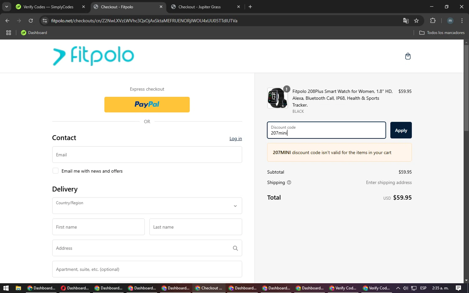 Fitpolo promo code screenshot showing code 207mini applied at Fitpolo checkout page. Uploaded by SimplyCodes community member CoinHunter3841 on Feb 13, 2025
