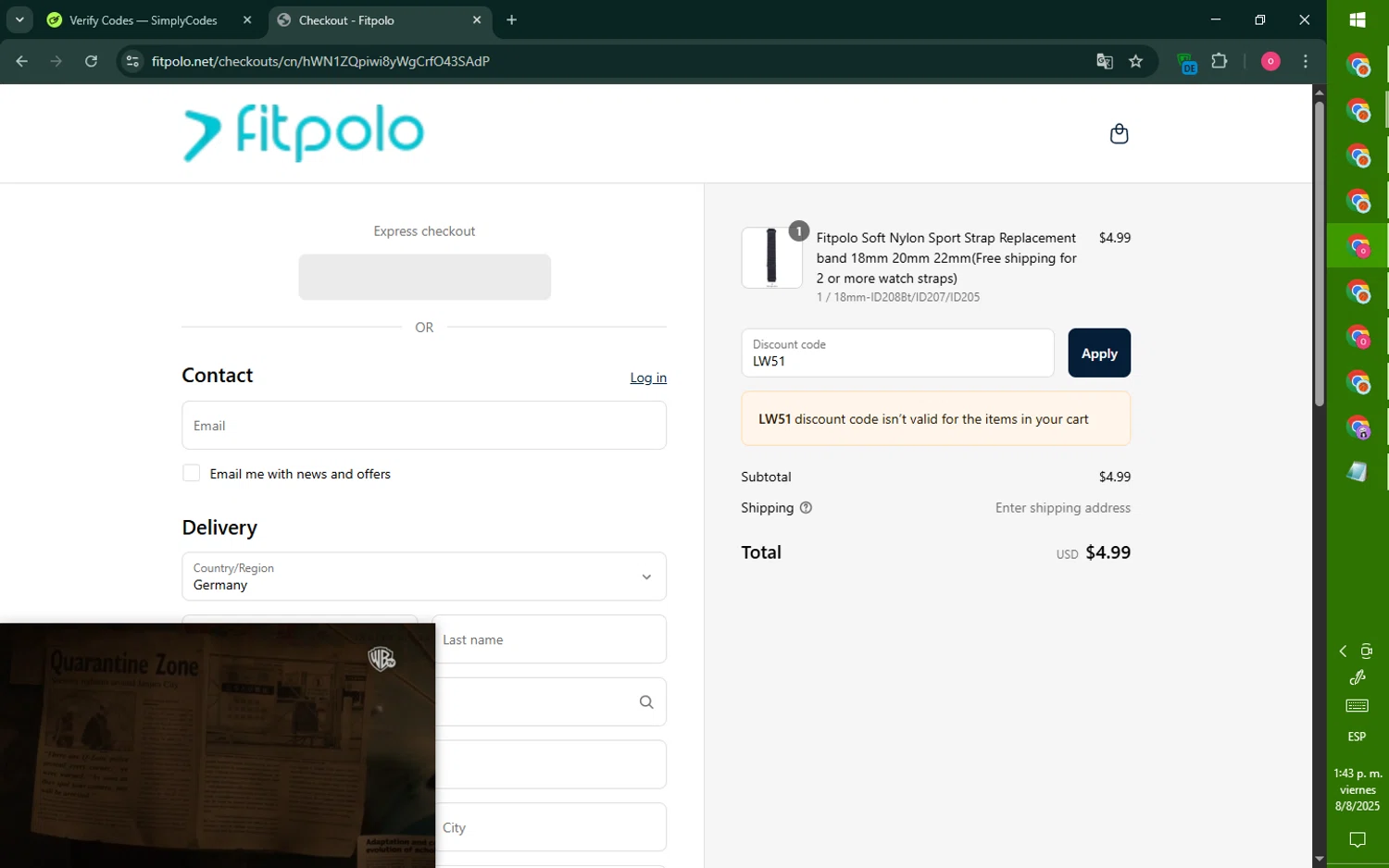 Fitpolo promo code screenshot showing code LW51 applied at Fitpolo checkout page. Uploaded by SimplyCodes community member RebateNavigator926 on Aug 8, 2025