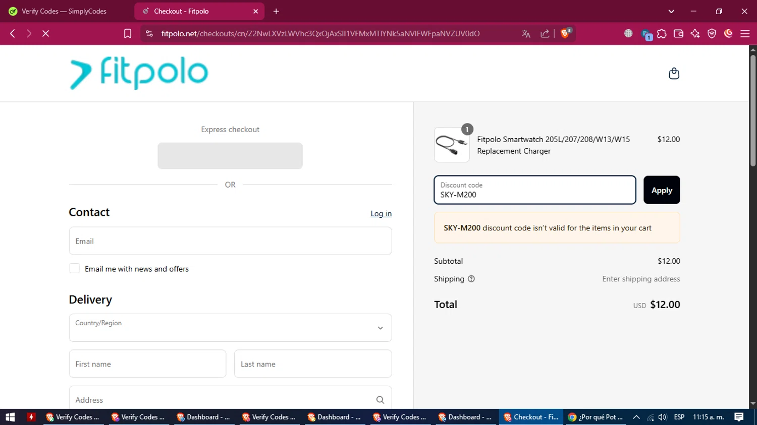 Fitpolo promo code screenshot showing code SKY-M200 applied at Fitpolo checkout page. Uploaded by SimplyCodes community member CleverDefender2746 on Apr 6, 2025