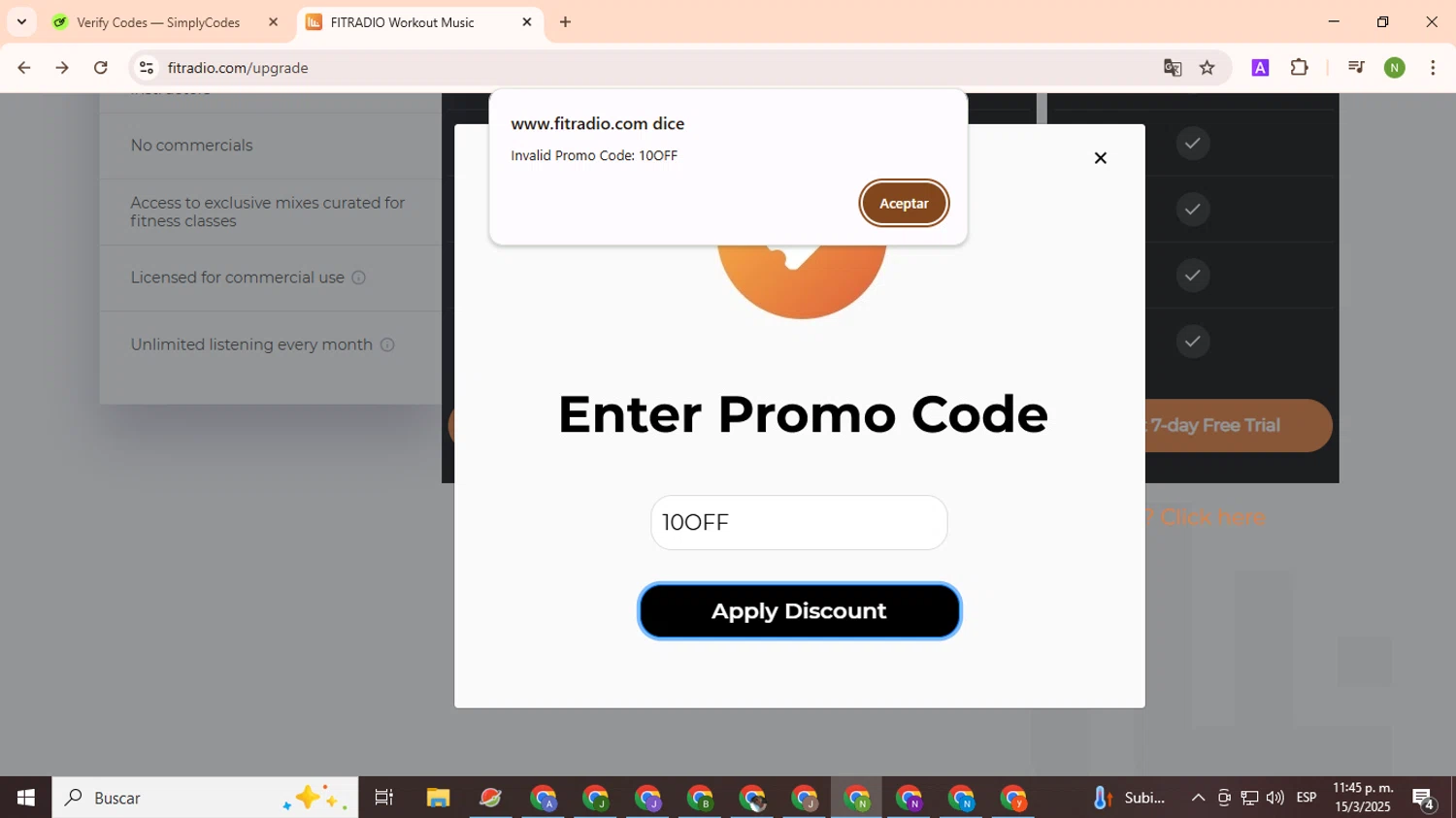 Fit Radio promo code screenshot showing code 10OFF applied at Fit Radio checkout page. Uploaded by SimplyCodes community member TokenMaverick6956 on Mar 16, 2025