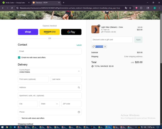 Fits checkout page showing Fits discount code box | Screenshot taken by SimplyCodes community member on Sep 9, 2025