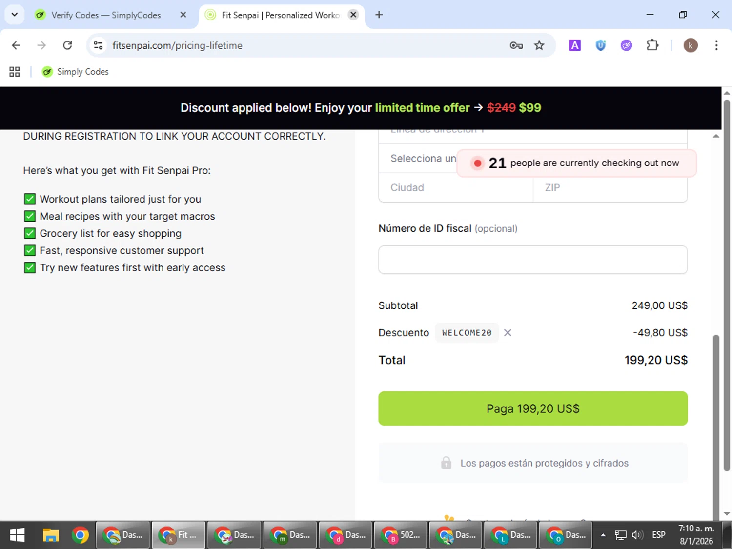 Fit Senpai promo code screenshot showing code WELCOME20 applied at Fit Senpai checkout page. Uploaded by SimplyCodes community member RewardRanger298 on Jan 8, 2026