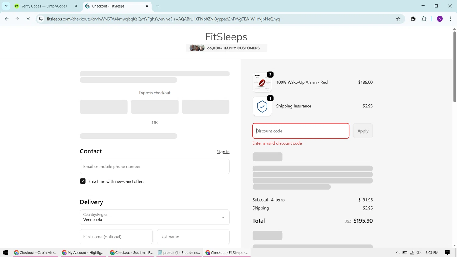 FitSleeps promo code screenshot showing code VIP15 applied at FitSleeps checkout page. Uploaded by SimplyCodes community member CashChaser7272 on Dec 15, 2025