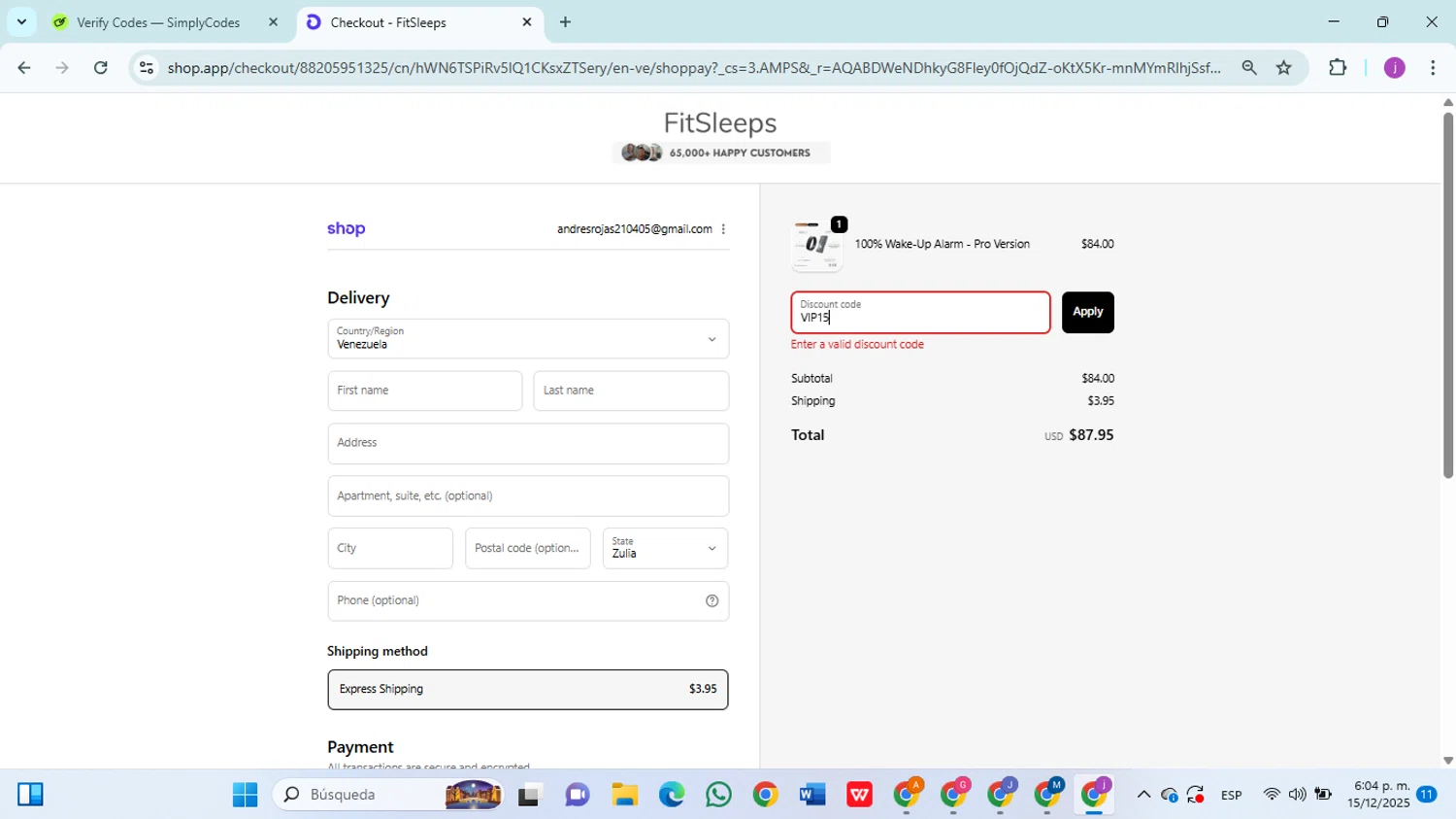 FitSleeps promo code screenshot showing code VIP15 applied at FitSleeps checkout page. Uploaded by SimplyCodes community member christophersierra on Dec 15, 2025