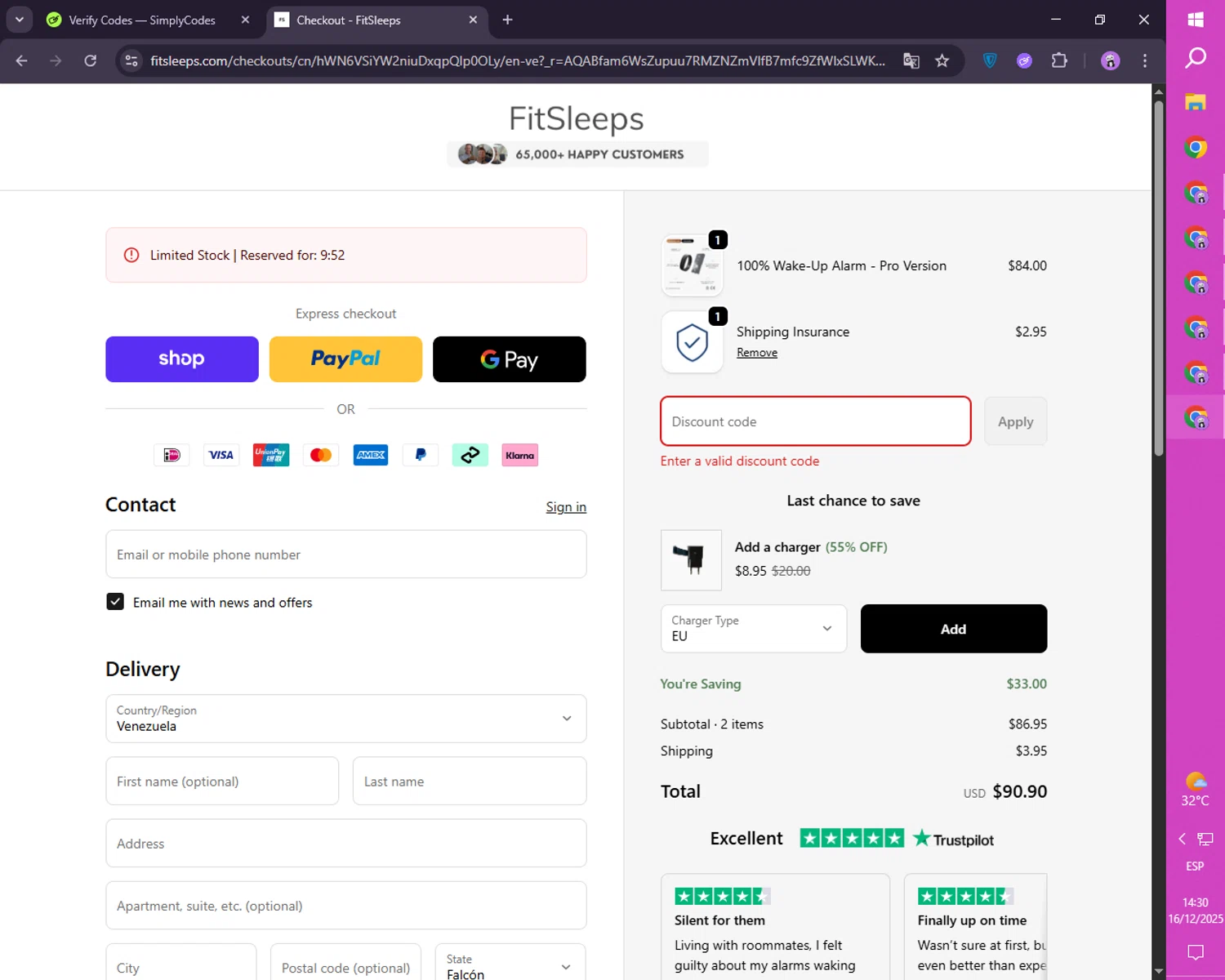 FitSleeps promo code screenshot showing code CYBER10 applied at FitSleeps checkout page. Uploaded by SimplyCodes community member SmartLion1183 on Dec 16, 2025