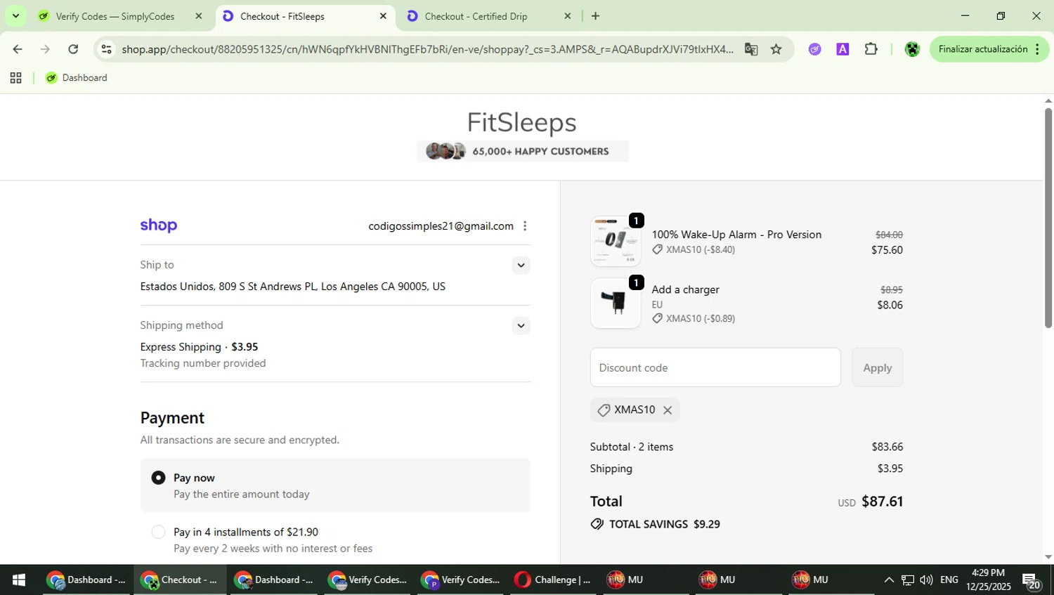 FitSleeps promo code screenshot showing code XMAS10 applied at FitSleeps checkout page. Uploaded by SimplyCodes community member MaitoGai on Dec 25, 2025