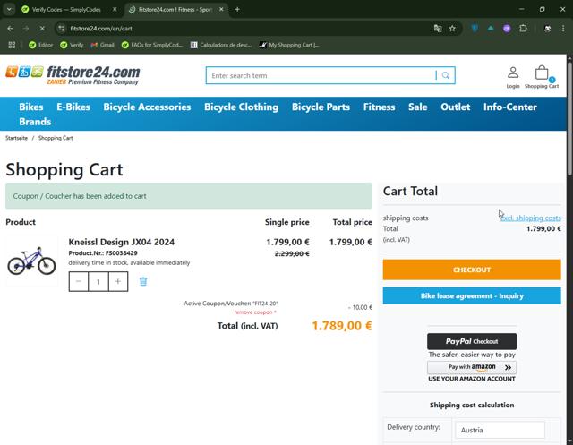 Fitstore24.com checkout page showing Fitstore24.com promo code box | Screenshot taken by SimplyCodes community member on Jun 14, 2025