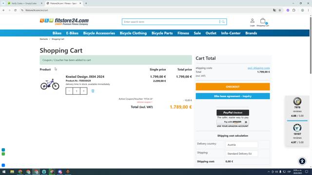 Fitstore24.com checkout page showing Fitstore24.com promo code box | Screenshot taken by SimplyCodes community member on Jun 28, 2025