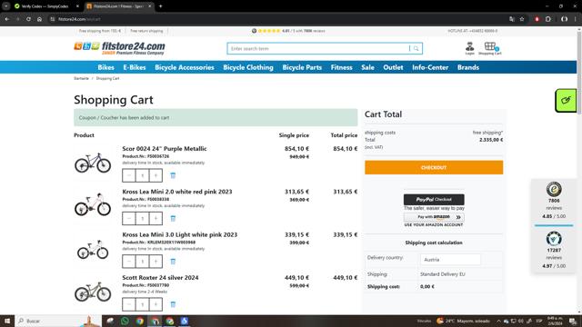 Fitstore24.com checkout page showing Fitstore24.com promo code box | Screenshot taken by SimplyCodes community member on Jun 2, 2024