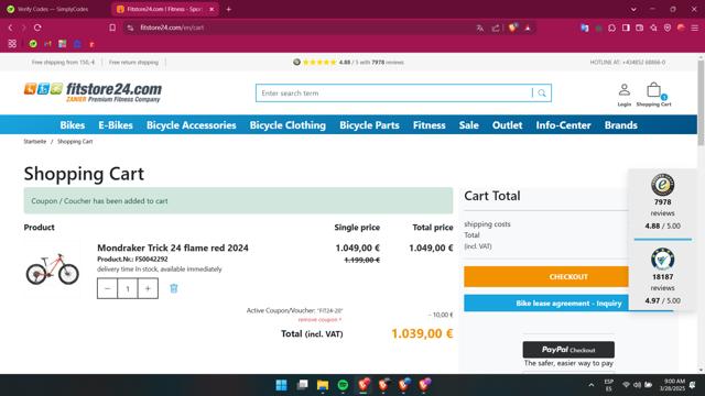 Fitstore24.com checkout page showing Fitstore24.com promo code box | Screenshot taken by SimplyCodes community member on Mar 28, 2025