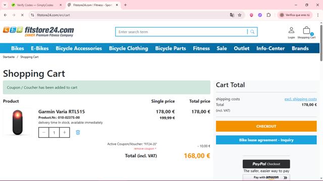 Fitstore24.com checkout page showing Fitstore24.com promo code box | Screenshot taken by SimplyCodes community member on Jun 21, 2025