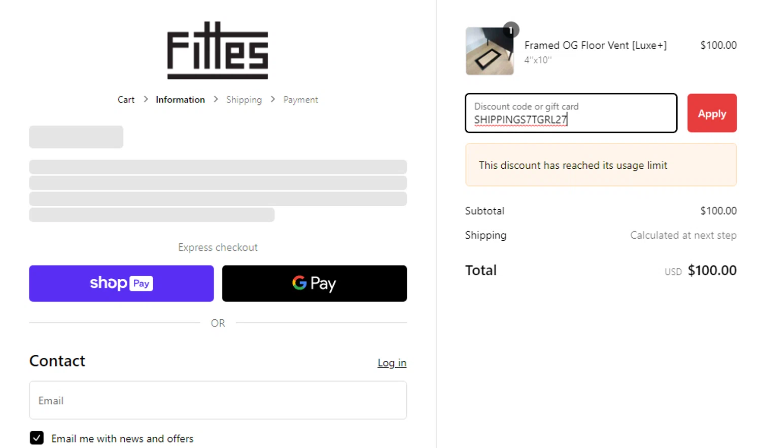 Fittes discount code screenshot showing code SHIPPINGS7TGRL27 applied at Fittes checkout page. Uploaded by SimplyCodes community member MarkGrayson on Feb 28, 2025