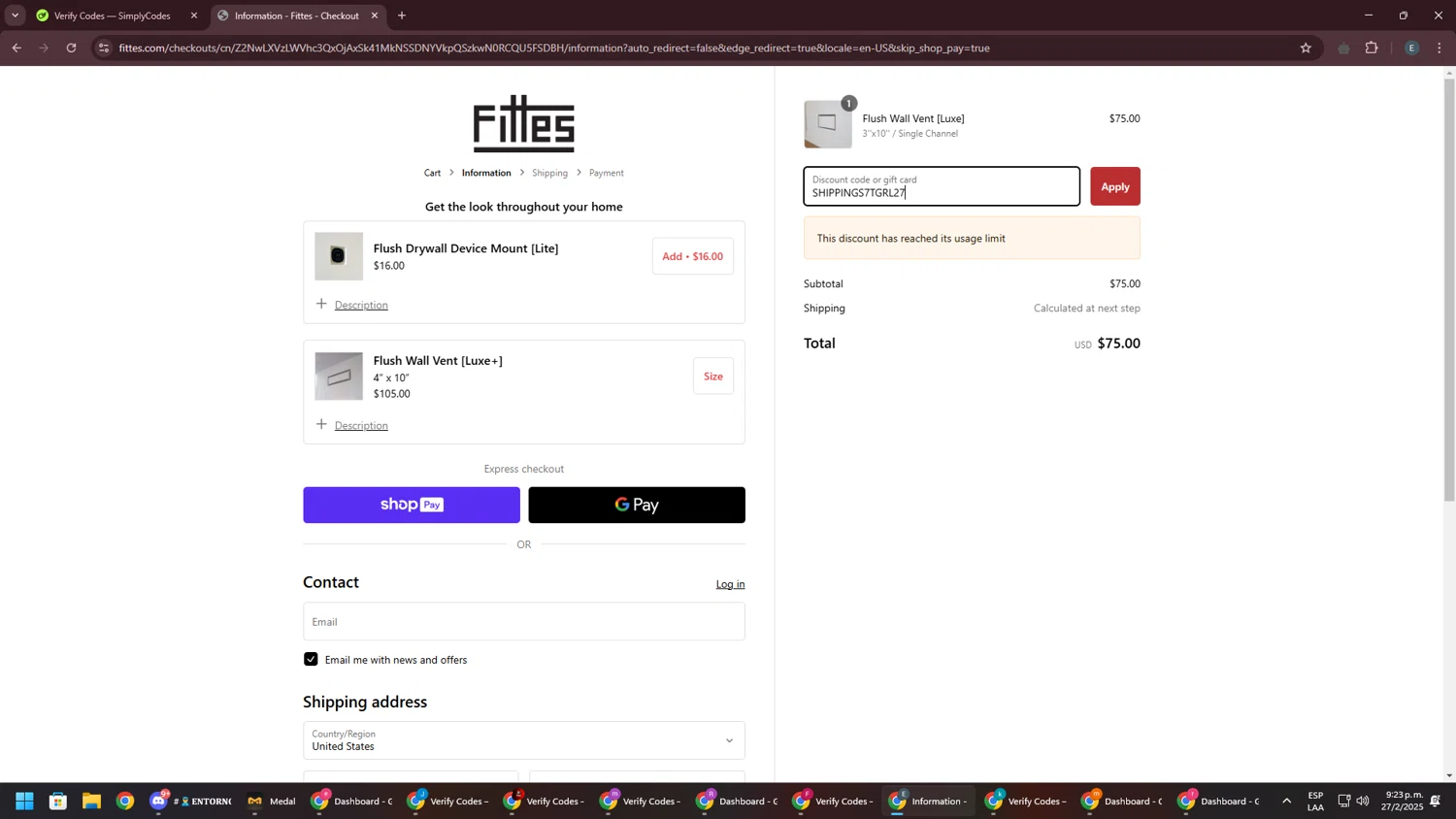 Fittes discount code screenshot showing code SHIPPINGS7TGRL27 applied at Fittes checkout page. Uploaded by SimplyCodes community member GloriousPioneer2942 on Feb 28, 2025