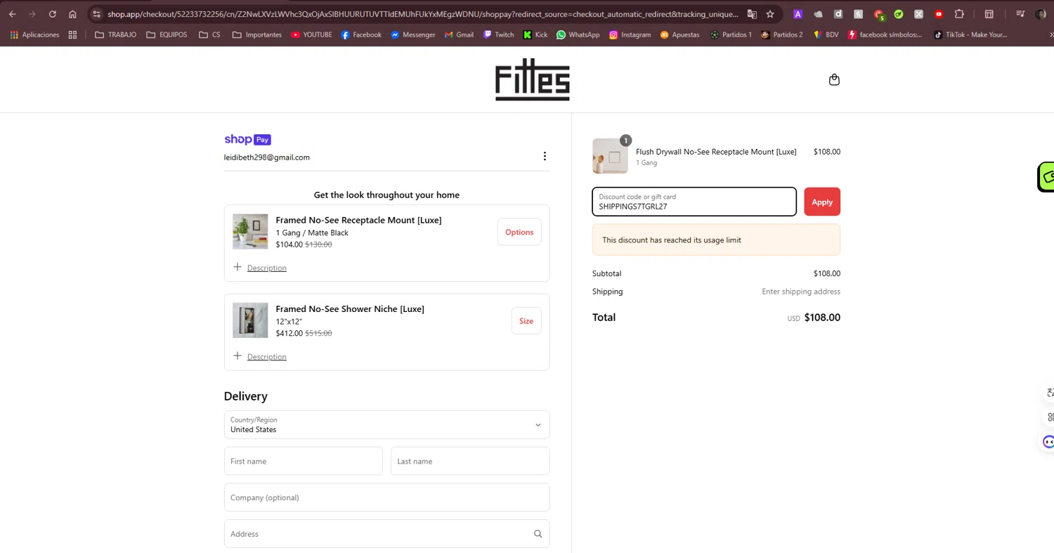Fittes discount code screenshot showing code SHIPPINGS7TGRL27 applied at Fittes checkout page. Uploaded by SimplyCodes community member kelvinsuarez88 on Mar 17, 2025