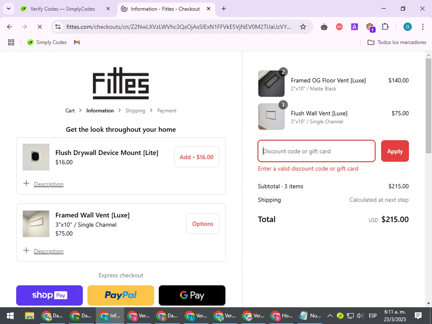 Fittes discount code screenshot showing code HOOKMEUP applied at Fittes checkout page. Uploaded by SimplyCodes community member BudgetSeeker9524 on Mar 23, 2025