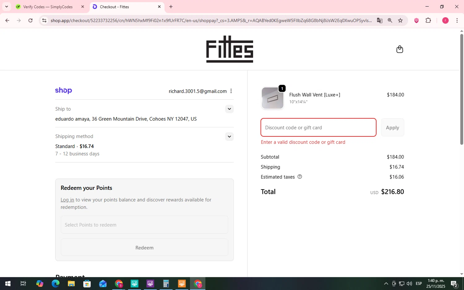 Fittes discount code screenshot showing code THANKYOU10 applied at Fittes checkout page. Uploaded by SimplyCodes community member LegendaryWhiz3517 on Nov 25, 2025