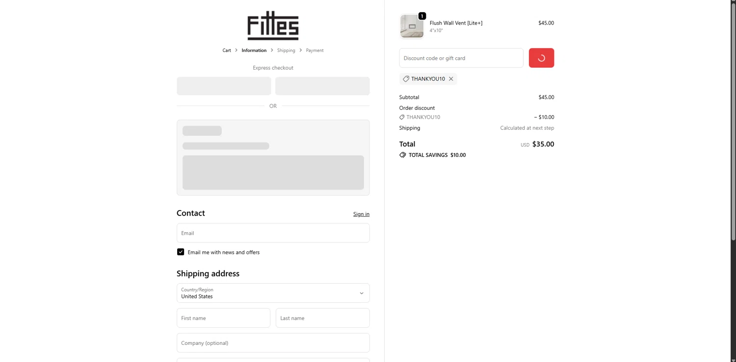 Fittes checkout page showing Fittes discount code box | Screenshot taken by SimplyCodes community member on Oct 28, 2025