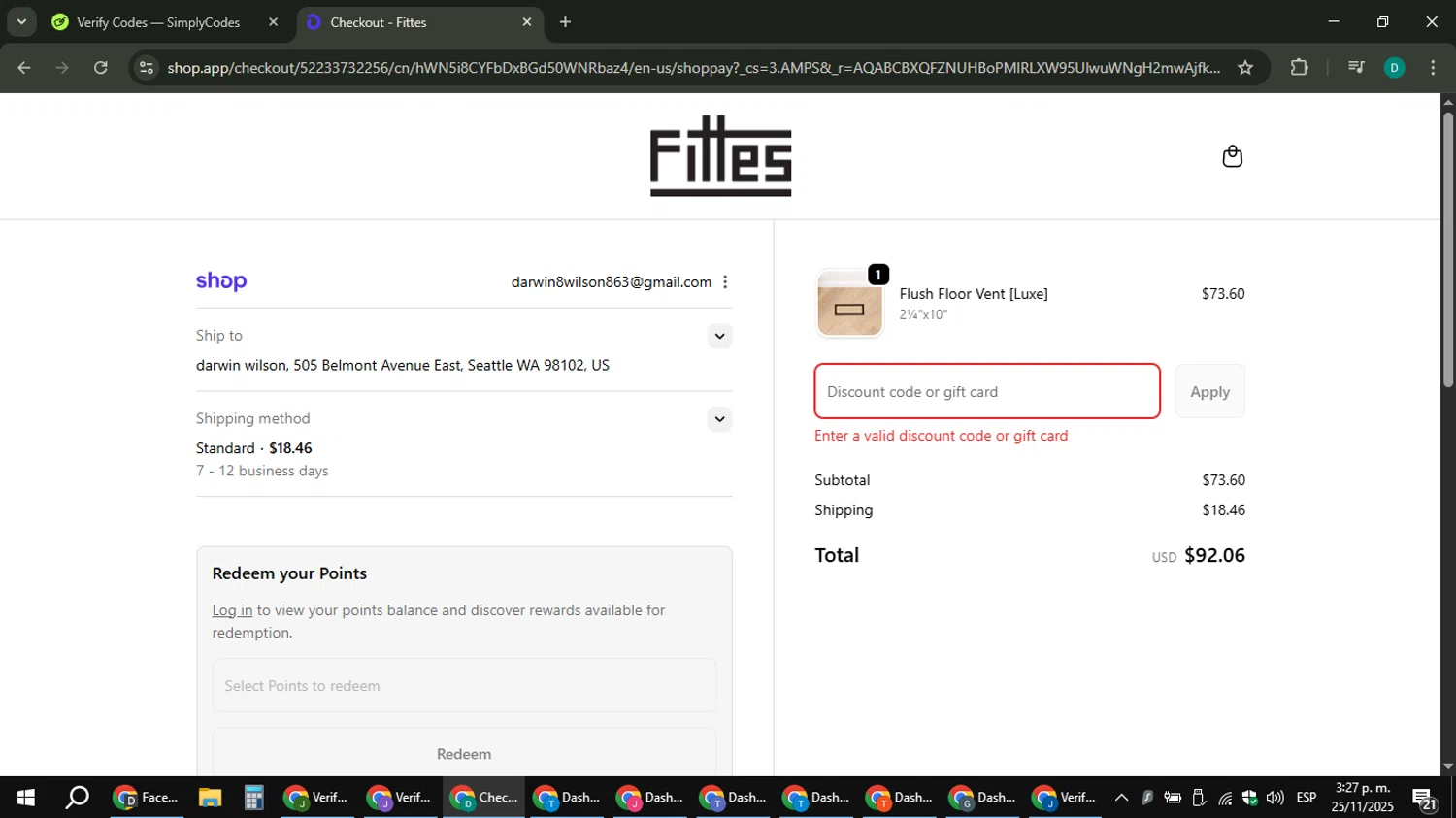 Fittes discount code screenshot showing code FITTES2025 applied at Fittes checkout page. Uploaded by SimplyCodes community member ThriftyLion6776 on Nov 25, 2025