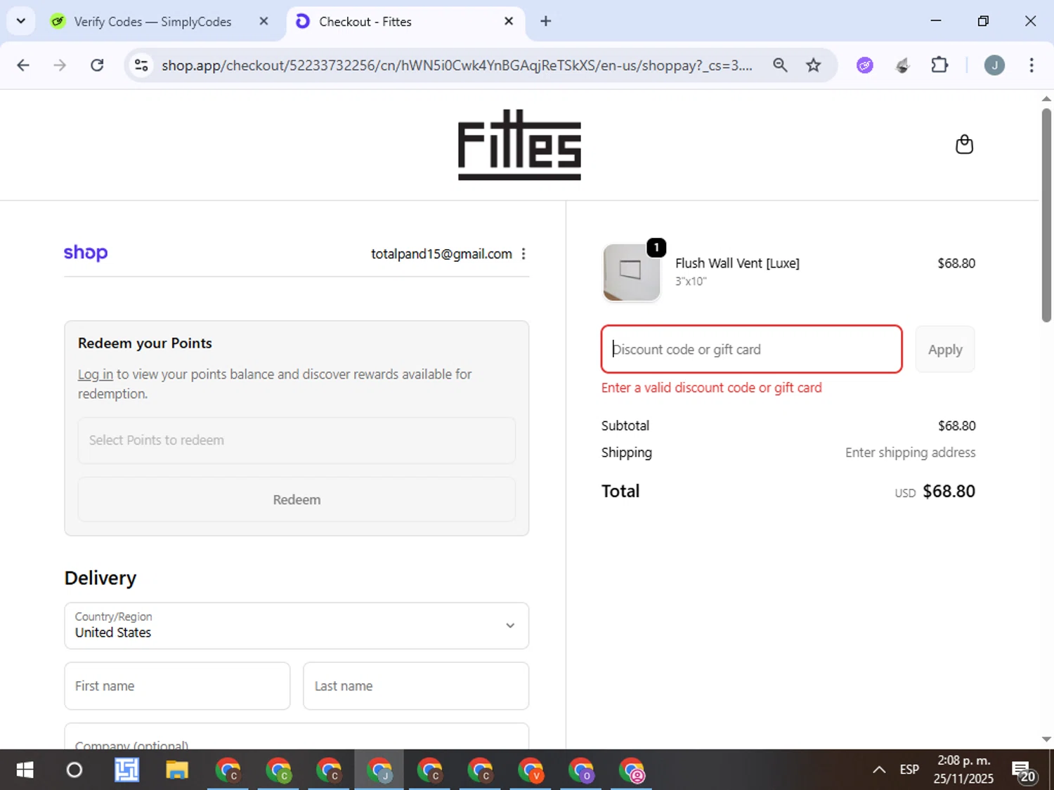 Fittes discount code screenshot showing code FITTES2025 applied at Fittes checkout page. Uploaded by SimplyCodes community member ValueTracker8384 on Nov 25, 2025