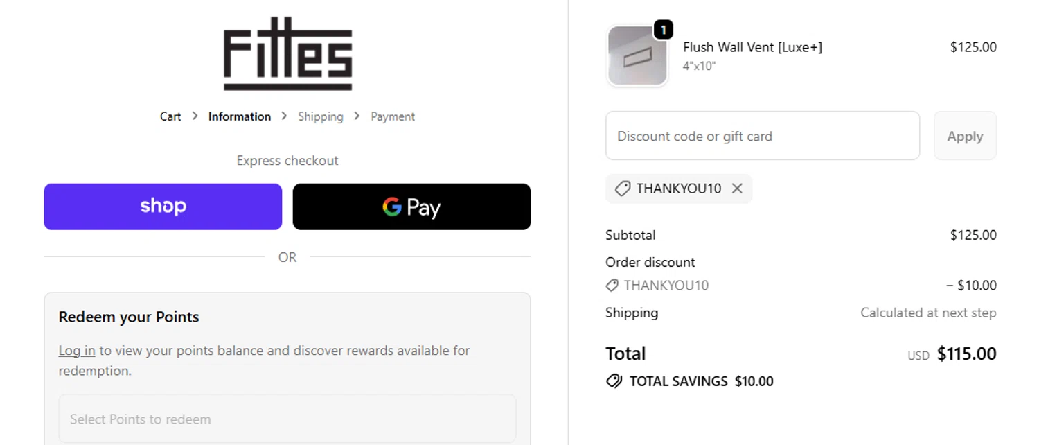 Fittes discount code screenshot showing code THANKYOU10 applied at Fittes checkout page. Uploaded by SimplyCodes community member eithanmilas on Dec 29, 2025