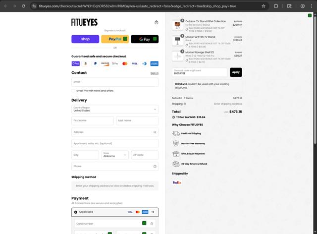 Fitueyes checkout page showing Fitueyes discount code box | Screenshot taken by SimplyCodes community member on Sep 15, 2025