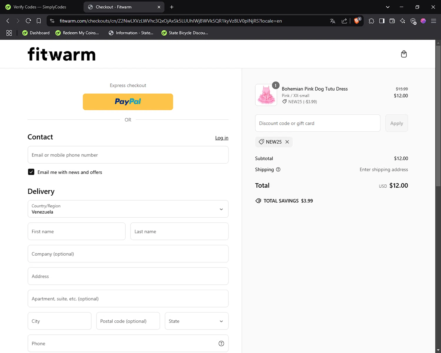Fitwarm discount code screenshot showing code NEW25 applied at Fitwarm checkout page. Uploaded by SimplyCodes community member Doomslayer on Mar 5, 2025