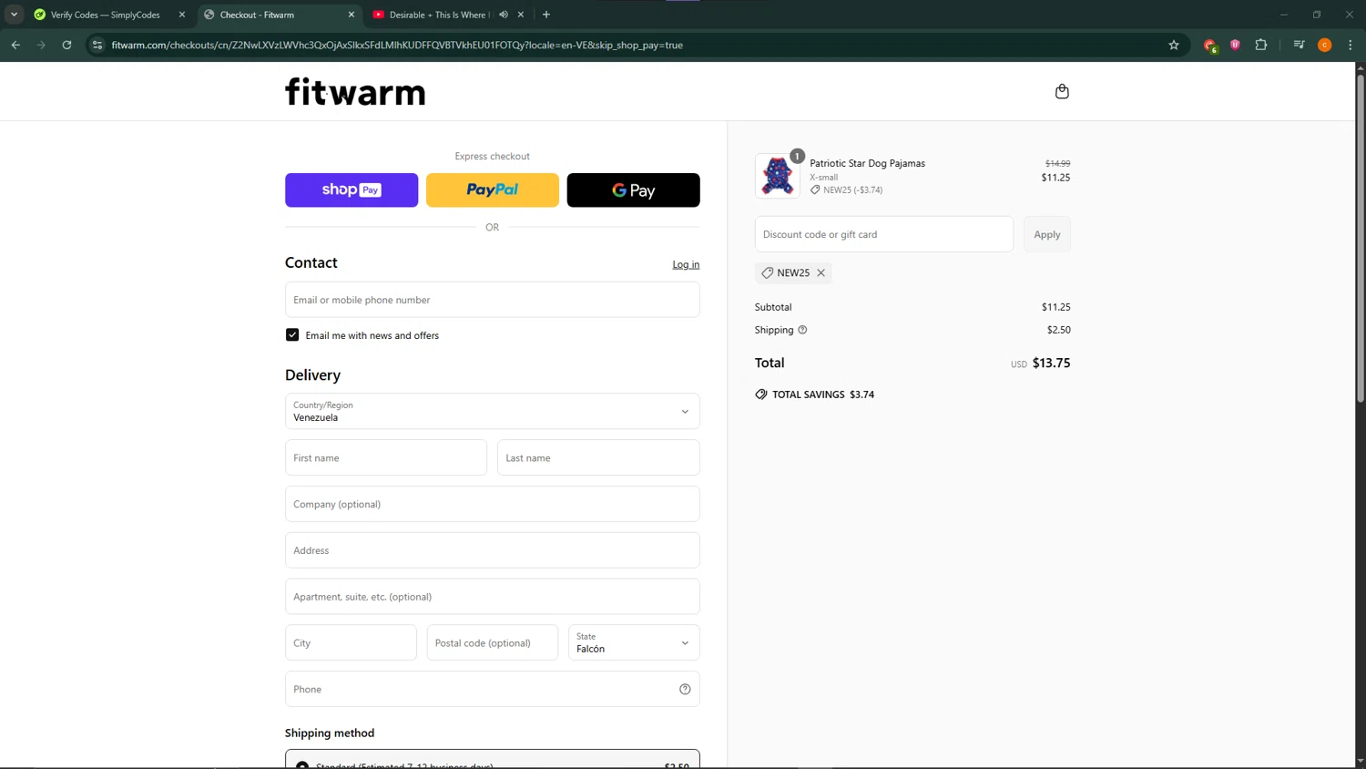 Fitwarm discount code screenshot showing code NEW25 applied at Fitwarm checkout page. Uploaded by SimplyCodes community member ShrewdCaptain9911 on Jun 18, 2025