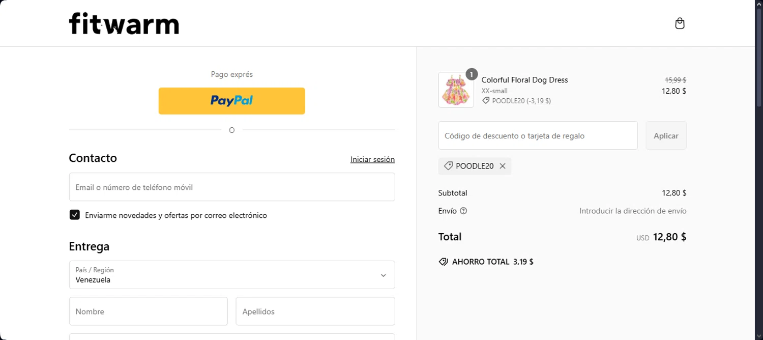 Fitwarm discount code screenshot showing code Poodle20 applied at Fitwarm checkout page. Uploaded by SimplyCodes community member Santi_ago on Mar 3, 2025
