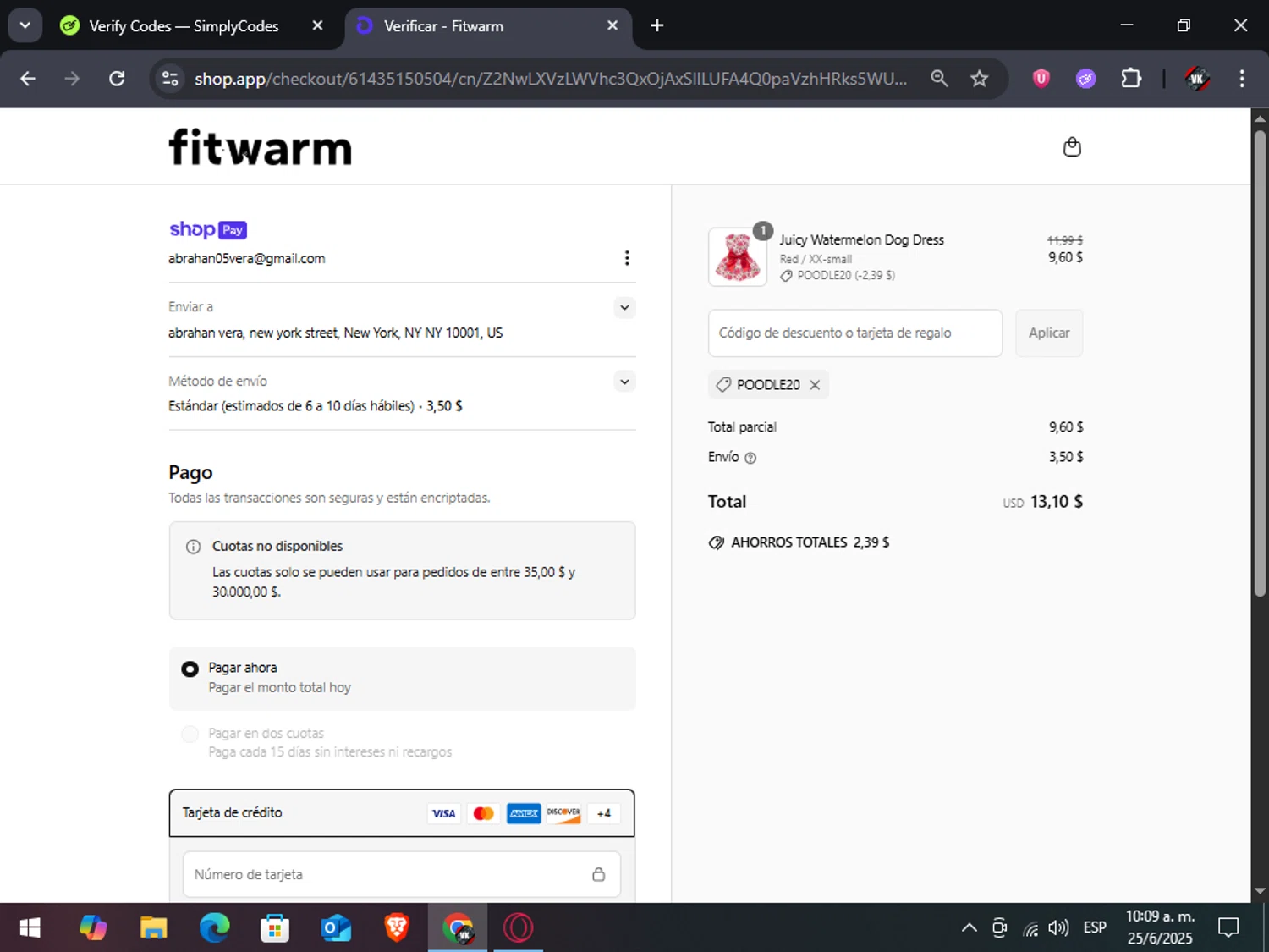 Fitwarm discount code screenshot showing code Poodle20 applied at Fitwarm checkout page. Uploaded by SimplyCodes community member TreasureAdmiral6867 on Jun 25, 2025
