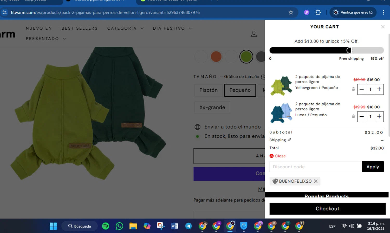 Fitwarm discount code screenshot showing code Buenofelix20 applied at Fitwarm checkout page. Uploaded by SimplyCodes community member FrugalVirtuoso6318 on Aug 16, 2025