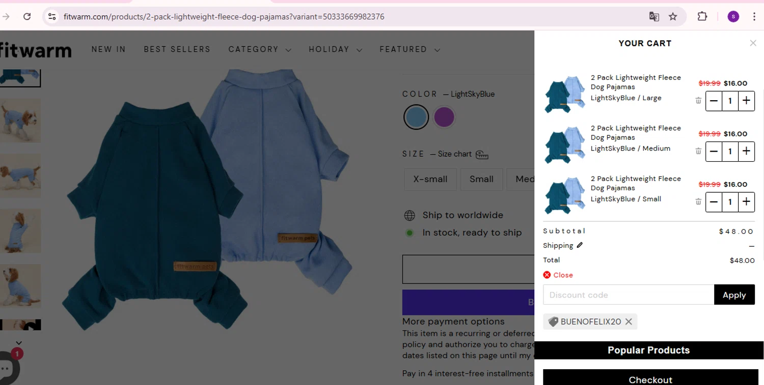 Fitwarm discount code screenshot showing code Buenofelix20 applied at Fitwarm checkout page. Uploaded by SimplyCodes community member Lamadama on Jan 20, 2025