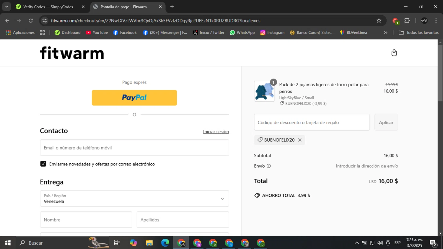Fitwarm discount code screenshot showing code Buenofelix20 applied at Fitwarm checkout page. Uploaded by SimplyCodes community member Ricardobr06 on Mar 3, 2025