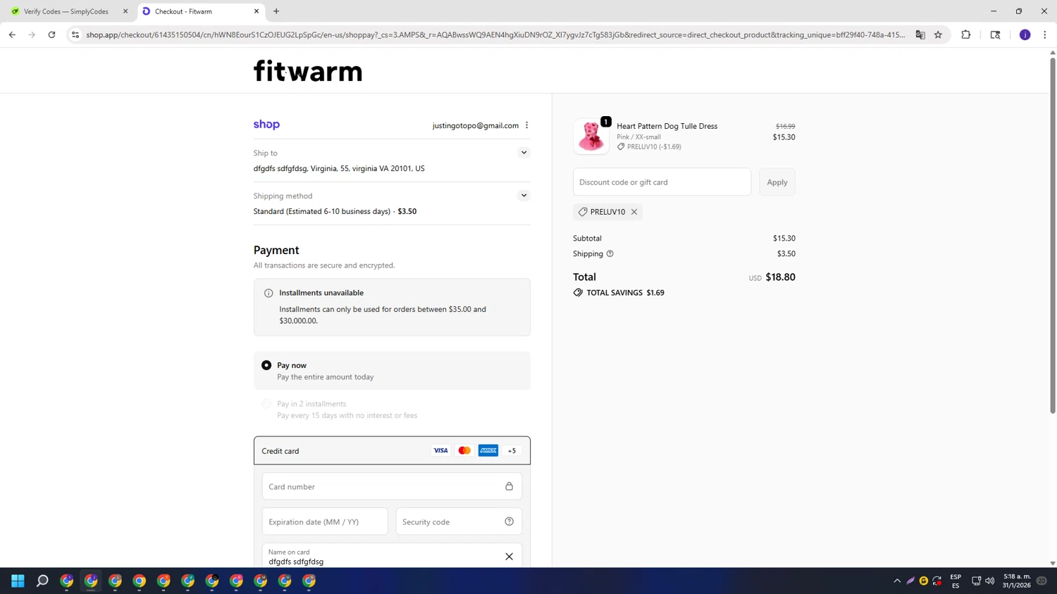 Fitwarm promo code screenshot showing code PRELUV10 applied at Fitwarm checkout page. Uploaded by SimplyCodes community member simplycodesssss on Jan 31, 2026