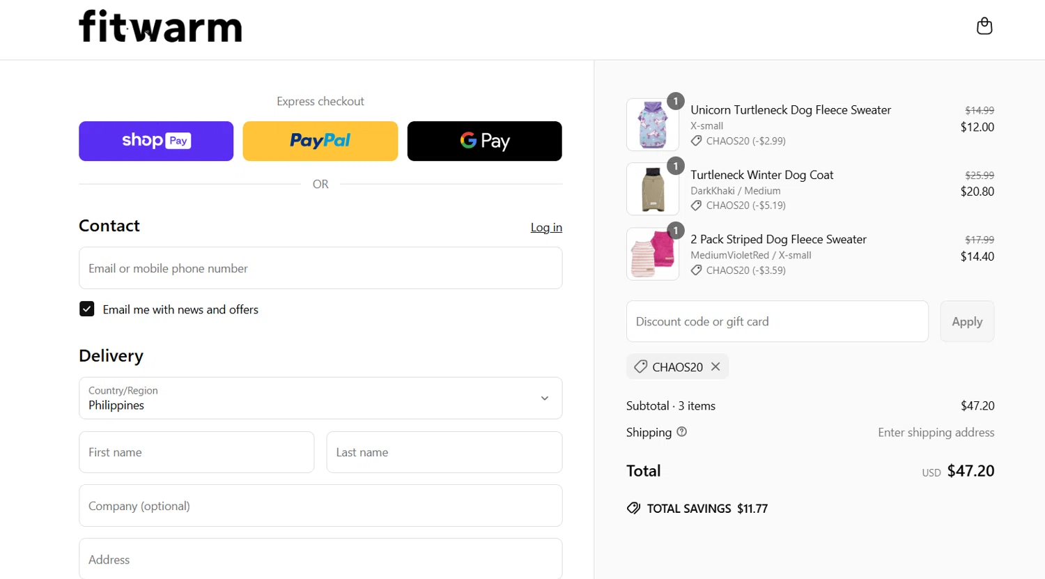 Fitwarm discount code screenshot showing code Chaos20 applied at Fitwarm checkout page. Uploaded by SimplyCodes community member jade5416625024720 on May 21, 2025